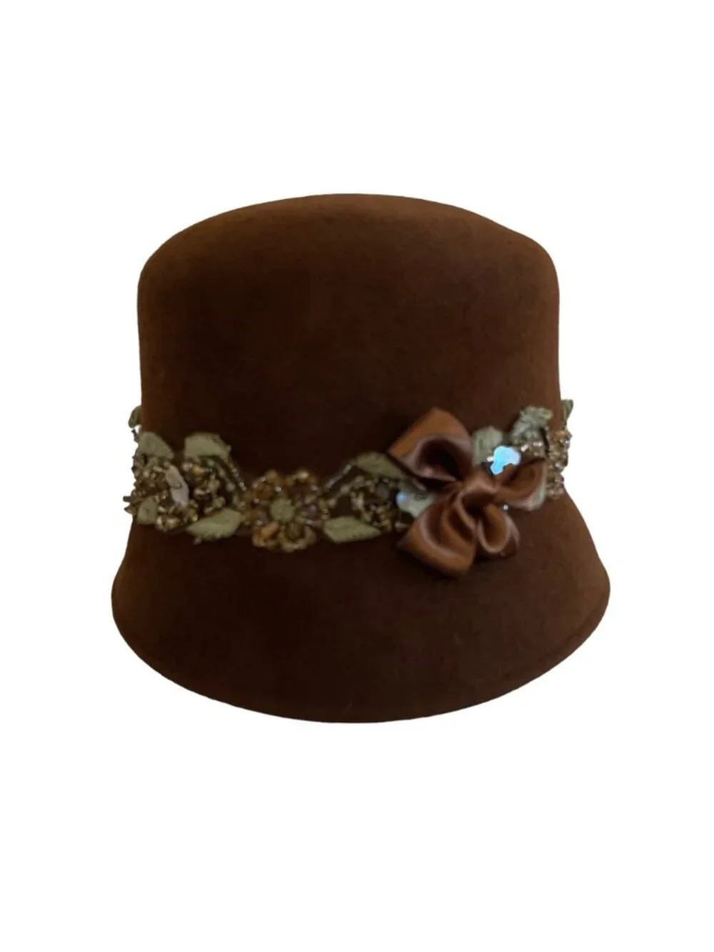 Louise Green Brown Felt Hat With Beaded Floral Trim & Bow Accent